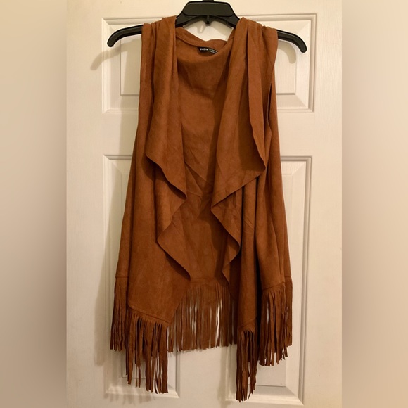 SHEIN Fringe Trim Open Front Vest - Camel - Picture 2 of 4